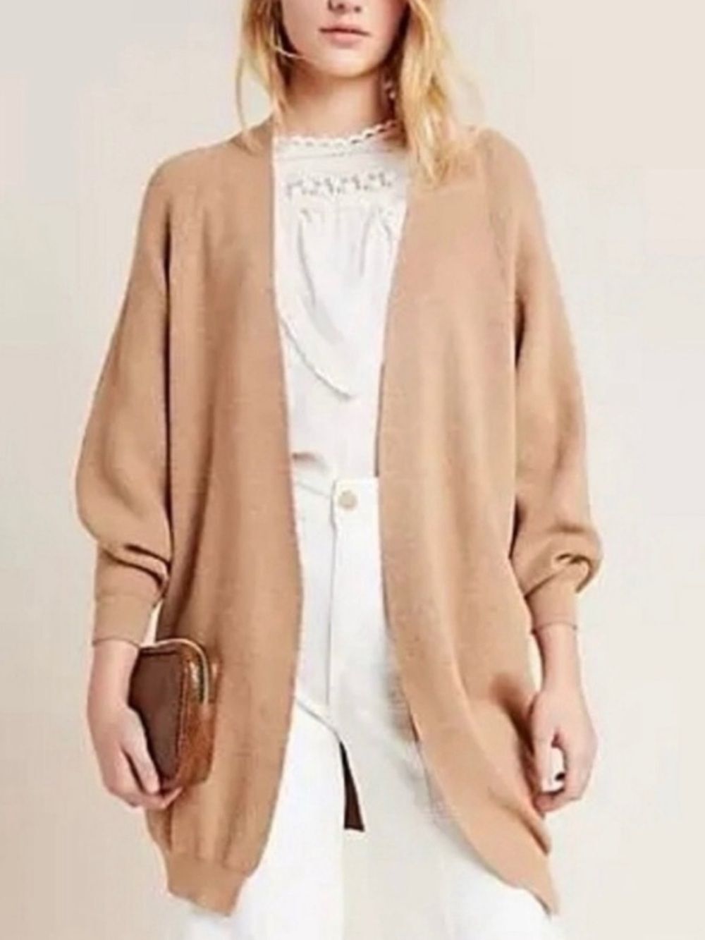 Anthropologie Akemi + Kin Ribbed Cocoon Cardigan Neutral Open Front One Size